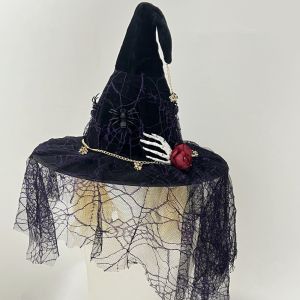 YOUSHI TOP Phong cách Gothic Mũ phù thủy Đen Mạng che bằng lưới nhện Mũ cosplay Punk Trang trí bằng vải gạc Mũ phù thủy đầu lâu Halloween