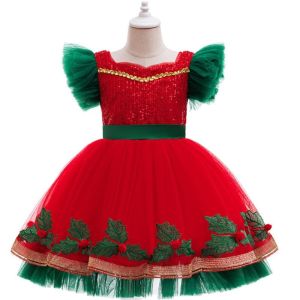 K9SEQ Mesh Puff Skirt Christmas Princess Dress Embroidered Tutu Skirt Lace Collar Girls Formal Dress Elegant Flying Sleeve Christmas Dance Dress Christmas Party