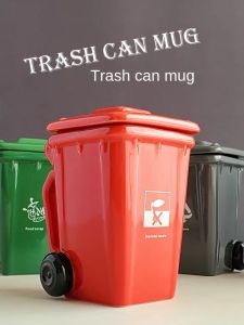 【Fans tone】 Creative Ceramic Trash Can Shape Mug Coffee & Tea Cup Large Capacity Water Cup with Lid Personality Trend Playful Drinkware