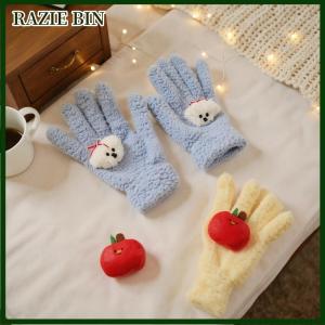 RAZIE BIN ถุงมือแอปเปิ้ลสีแดงสำหรับสุนัขหยิกน่ารักถุงมือกำมะหยี่ขนแกะปะการังถุงมือกันหนาวถุงมือห้านิ้วให้ความอบอุ่นสำหรับนักเรียนฤดูหนาวของขวัญคริสต์มาสสำหรับเด็กผู้หญิง