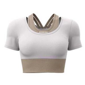 GHRDU Combined in One Sports Top with Bra Tight Breathable Yoga T-shirt Running Fake Two-piece Fitness Short-Sleeved Womens Clothing