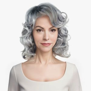 Wig middle-aged and elderly women grandmother gray side-parted bangs long curls synthetic fiber wigs full headset