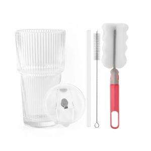 600ML Transparent Striped Glass with Lid & Straw – For Juice Milk Tea Iced Coffee & More