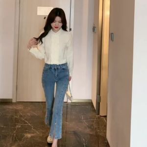 เสื้อเชิ๊ตผู้หญิงผ้าชีฟองผูกเอวแขนยาวคอตั้งเสื้อชีฟองสไตล์เกาหลีมีระบายกระดุมแถวเดียวเสื้ออาชีพ OL สุดหรูสำหรับฤดูใบไม้ผลิ2024