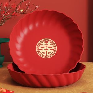 HJKL Plastic Wedding Snack Tray Red Round Chinese New Year Nut Plate Multifunctional Chinese Traditional Serving Tray  Room