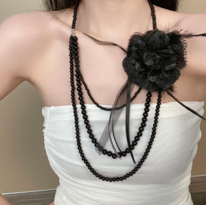Hmeme สร้อยคอยาวประดับมุกหลายชั้นลายดอกกุหลาบเครื่องประดับโซ่สำหรับผู้หญิง