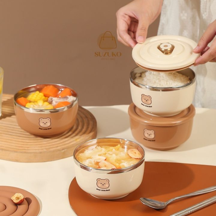 Bát đựng cơm canh súp Inox 304 có nắp Gấu BEAR, Tô đựng canh, mì tôm ...