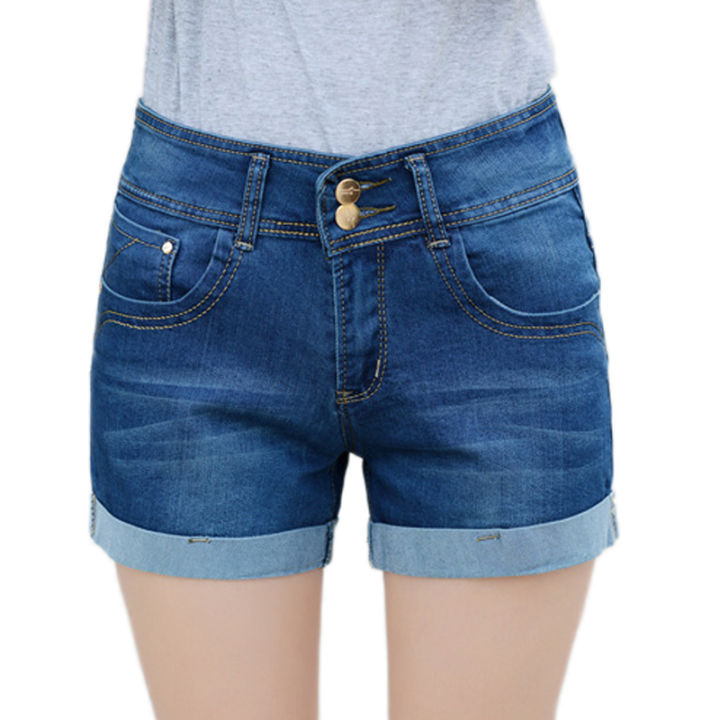 Solid Women Denim Short With Pockets Stretchable Summer Short Pant - Main Image