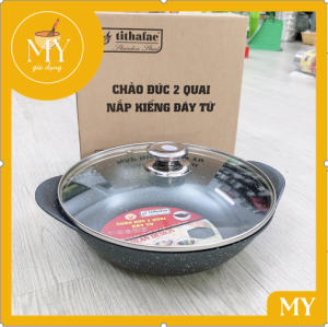 Chảo vân đá đúc 2 quai nắp kính tithafac 24cm đên 30cm - chảo 2 quai
