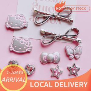 🚚Local Delivery🔥 10Pc Set Hello Kitty Silver Bow Cat Shoe Shoe Buckles For Clogs Sandals Removable Cute Cartoon Decorative Buckle Gift