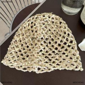 [COD] WEICHENG Fashion Vintage Sequined Hollow Pullover Hats Women Summer Autumn Travel Photo Atmosphere Versatile Casual Y2K Knit Beanie Hat