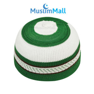 Peci Rajut Nilon Putih Motif 3 Strip Warna - TheKufi Soft Nylon Kopiah