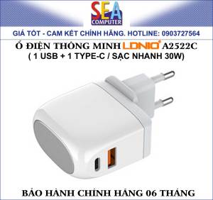 Ổ cắm điện thông minh LDNIO 1 USB + 1 TYPE-C sạc nhanh 30w LCD Display - A2522C