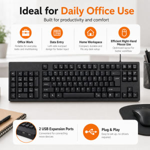 Full-Size Wired Left-Handed Keyboard with Left Numpad 2 USB Hub Ports for Office CAD Data Entry