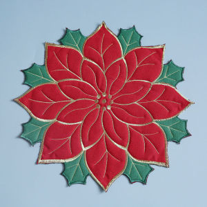 Cotton Linen Quilted Embroidered Poinsettia Placemat for Home Holiday Christmas Table Top Decoration 15inch