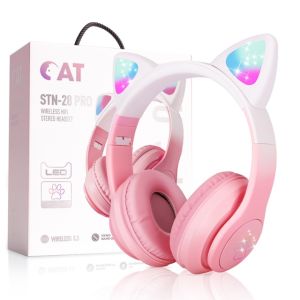 Kids Bluetooth Headphones with LED Cat Ears Wireless/Wired Mode Headphones for Kids Foldable Stereo Over Ear Headphones with Built-in Mic for School Birthday Xmas Gift