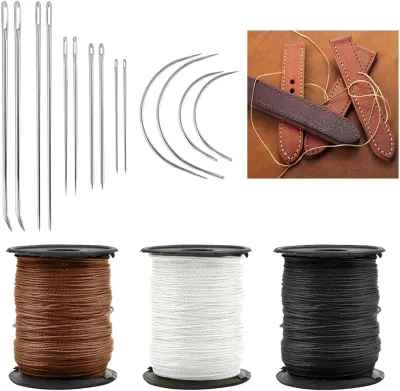17 Upholstery Needle and Thread Kit Heavy Duty Nylon Thread and Needle Curved Sewing Needle with Strong Thread for Canvas Leather Carpet (Brown Black White)