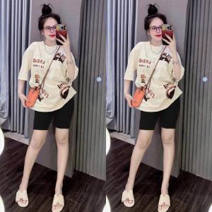 Set Bộ Nữ Thun TĂM LẠNH Quần Ngố + Áo FORM RỘNG In LaBuBu Kem-Đen (Bigsize 45-75kg)