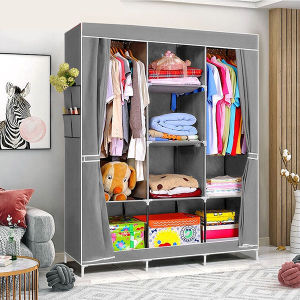 F&F: Curtain Wardrobe with drawer/almari kain/almari baju murah/wardrobe/almari baju/rak baju