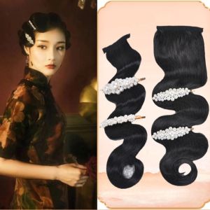 OMQAIO Hanfu Film Party Xiuhe Cheongsam Chinese Opera Headdress Girls Studio Photograph Stage Performance Hair Accessories Corrugated Wig Black Wave Bang Retro Hand-pushed Bangs Synthetic Curly Bangs