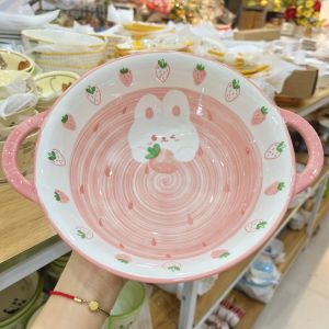 Siêu Sale - Bộ Bát Đĩa Gốm Sứ Decor Bát Ăn Cơm Bát Ăn Chè Chén Dĩa Dễ Thương Sét Bát Đĩa Thỏ Ôm Dâu Hồng Đáng Yêu Dễ Thương