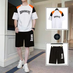 ผู้ชายชุดกีฬาลำลองกลางแจ้งแห้งเร็วระบายอากาศแขนสั้นเสื้อยืดคอกลมขนาดใหญ่จ๊อกกิ้ง [เสื้อ + กางเกงขาสั้น]