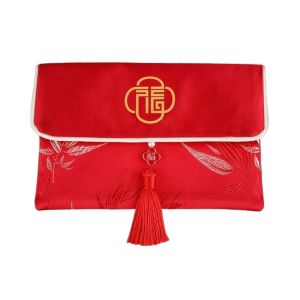 LANCE Blessing Words Brocade Red Envelop Embroidery Best Wishes New Year Red Pockets Large Capacity Button  Chinese New Year