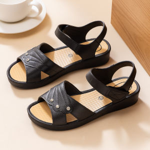 Free Shipping WomenS Summer Sandals With Soft Soles Non-Slip Design Comfortable Wedge Heels Suitable For Middle-Aged Women 2026 New Style With Rhinestone Embellishments For Outdoor Wear