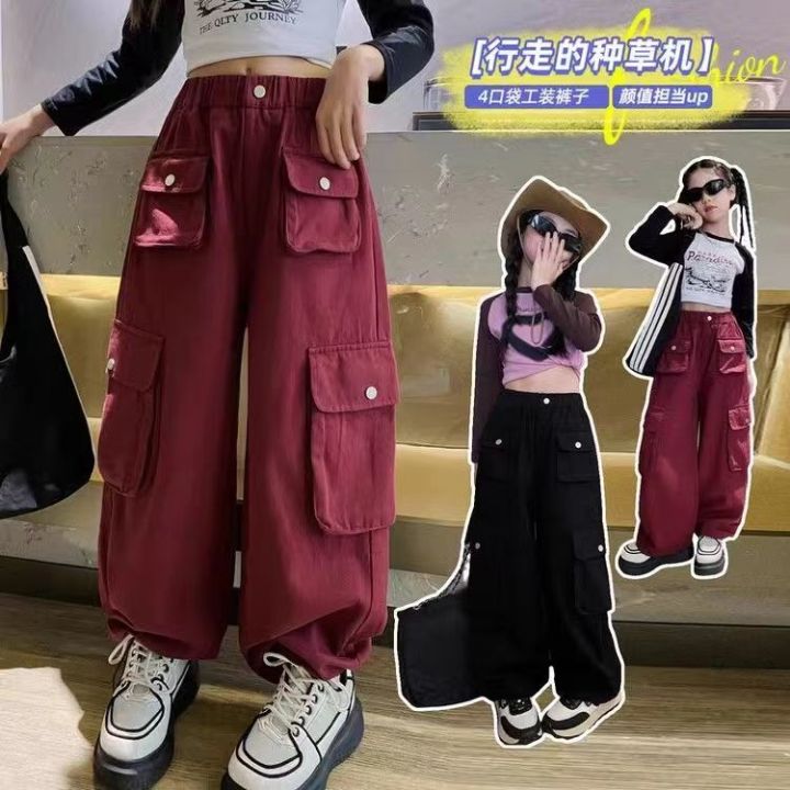 Cargo Pants for Kids Girl Spring and Autumn New Fashion Korean Style Wide  Leg Pants Middle and Large Children's Cotton Multi-pocket Loose Casual Pants  Street Dance Pants