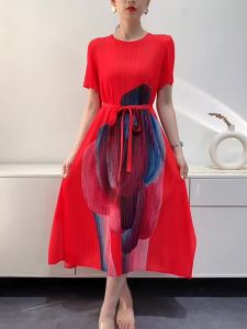 L-790# One Size (45-75kg) Summer Womens Printed Mid-Length Lace-Up Pleated Dress Split