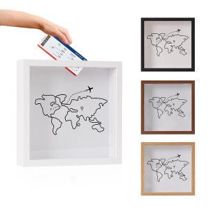 SG Stock Deda Nature wooden shadow box frames with world map designs and travel ticket displays. Suitable for home decor and travel memorabilia storage.