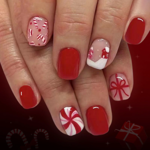 24pcs Christmas Fake Nail With Red Snowflake Glitters Candy Cane Patterns Easy To Apply False Nail For Christmas