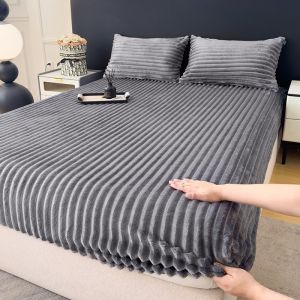 Striped Velvet Garterized Bed Sheet Super Soft Fluffy Comfortable Fleece Bedsheet Pillowcase