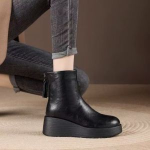 【Height Increasing Ankle Boots】Womens Leather Martin Boots Autumn Winter Fashion Shoes Thick Sole Mid-Calf Boots