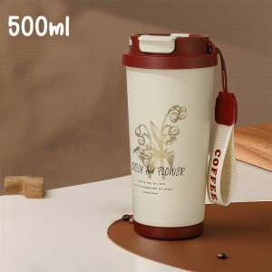 316สแตนเลส 500ml/17oz สง่างาม แก้วกาแฟ เก็บความเย็นความร้อน พร้อมหลอด มีสายคล้อง