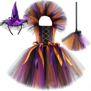 Kids Halloween Witch Costumes for Girls Carnival Party Fancy Dress Children Witches Disguise Tutu Outfit Clothes with Broom Hat2026