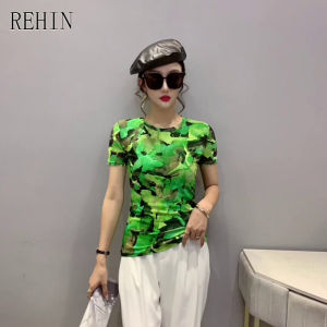 REHIN Womens top Swoosh Mesh Short Sleeve T-shirt Round Neck Slim Elegant Blouse