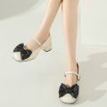 Giày cao gót mã LCC88 đế vuông gắn nơ 3 màu đen kem trắng tiểu thư sang trọng. 