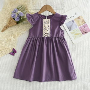 Bear Leader Lace Princess Dresses for Baby Girls Summer Flying Sleeves Solid Color Casual Clothing Kids Girl Clothes 3-7 Years Childrens O-neck Dress