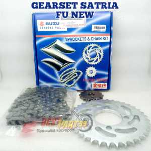 gearset suzuki satria fu new fullset rantai dan gearset depan belakang kualitas original ori asli gir dan rante /gigit tare memiliki kualiats yangb bagus DAN TAHAN LAMA  SGP