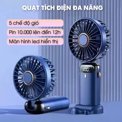 Quạt cầm tay tích điện mini siêu mát để bàn kiêm giá đỡ điện thoại 5 cấp độ gió pin trâu màn hình LED hiển thị % pin
