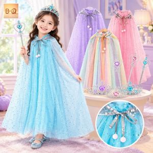 B-HQ Áo Choàng Công Chúa Elsa Kèm Vương Miện Gậy Phép Voan Lấp Lánh Mềm Nhẹ Cho Bé Gái 3-8 Tuổi Tiệc