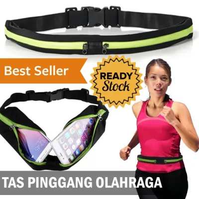Sabuk Tas Olahraga 2 Slot Tas Pinggang Gym Fitness Lari Running Belt Jogging Sepeda Sport Bag Double Waterproof Sack Waist Gesper Anti Air Outdoor Activity Case Kartu ATM Card Uang HP Max Handphone 5.5 Inch Sporty Design - Hitam