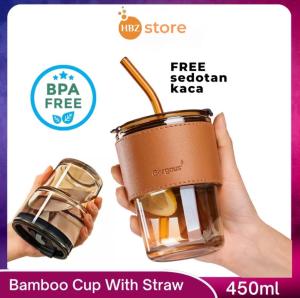 Gelas Tumbler Kaca Aesthetic Georgous Whit Straw Cup 450ML Mug Gelas Kaca Bamboo FREE SEDOTAN