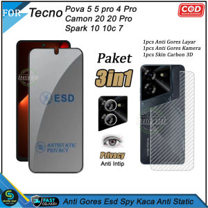 Paket 3in1 Tempered Glass Full Esd Spy Kaca Tecno Pova 5 5 pro 4 Pro Camon 20 20 Pro Spark 20 20 Pro 10 10c 7 Anti Gores Privacy Spy Anti Debu