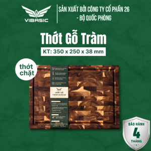 Thớt gỗ tràm keo Vibasic ghép dựng block kích thước 350x250x38mm dùng để chặt