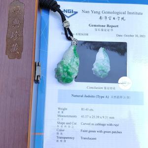 Natural Type A Jadeite carved as cabbage with ruyi - NGI Certification  Weight 83.45 g  Translucent with faint green and green patches   [45.47 * 25.39 * 9.31 mm]  Premium Myanmar Jadeite Pendant (pendant150)