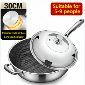 316 Stainless Steel Kuali Wok (32/34/36 cm) – Honeycomb Non-Stick Pan without Coating Heavy Duty & Scratch Resistant Induction Cooker Pot Dual Handle Design for Easy Lifting.