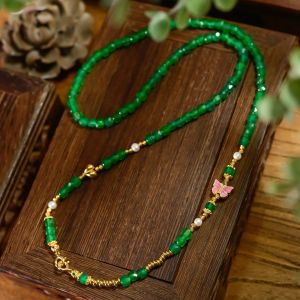 Natural Green Agate Chinese‑Style NecklaceFreshwater Pearl AccentS925 Silver Universal Clasp Layering Choker