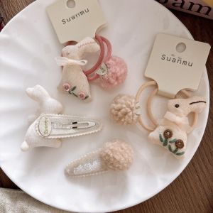 STYLETENK Pink Velvet Hair Clips Set Cartoon Rabbit 3D Embroidery Hair Ties Cute Princess Style Side BB Clips for Girls